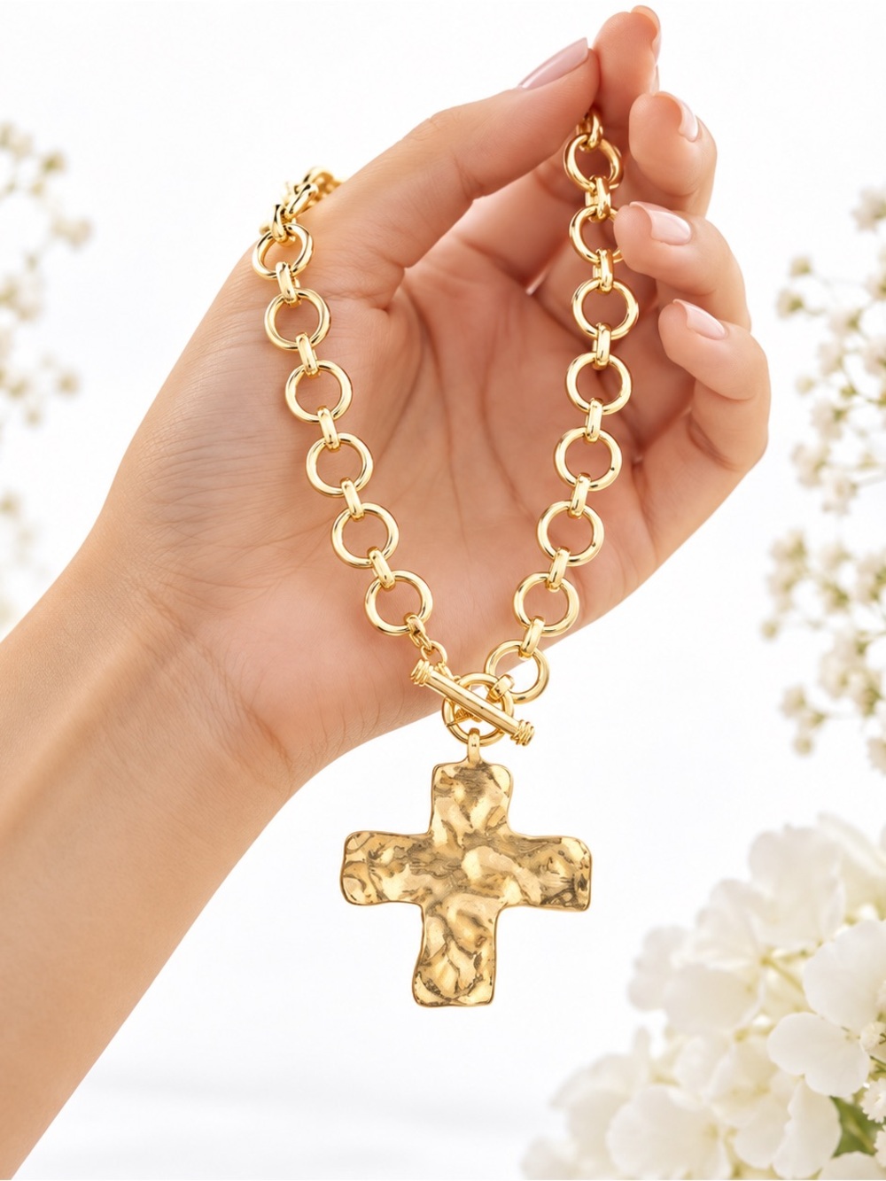 Gold Hammered Cross Pendant Necklace - Women Jewelry